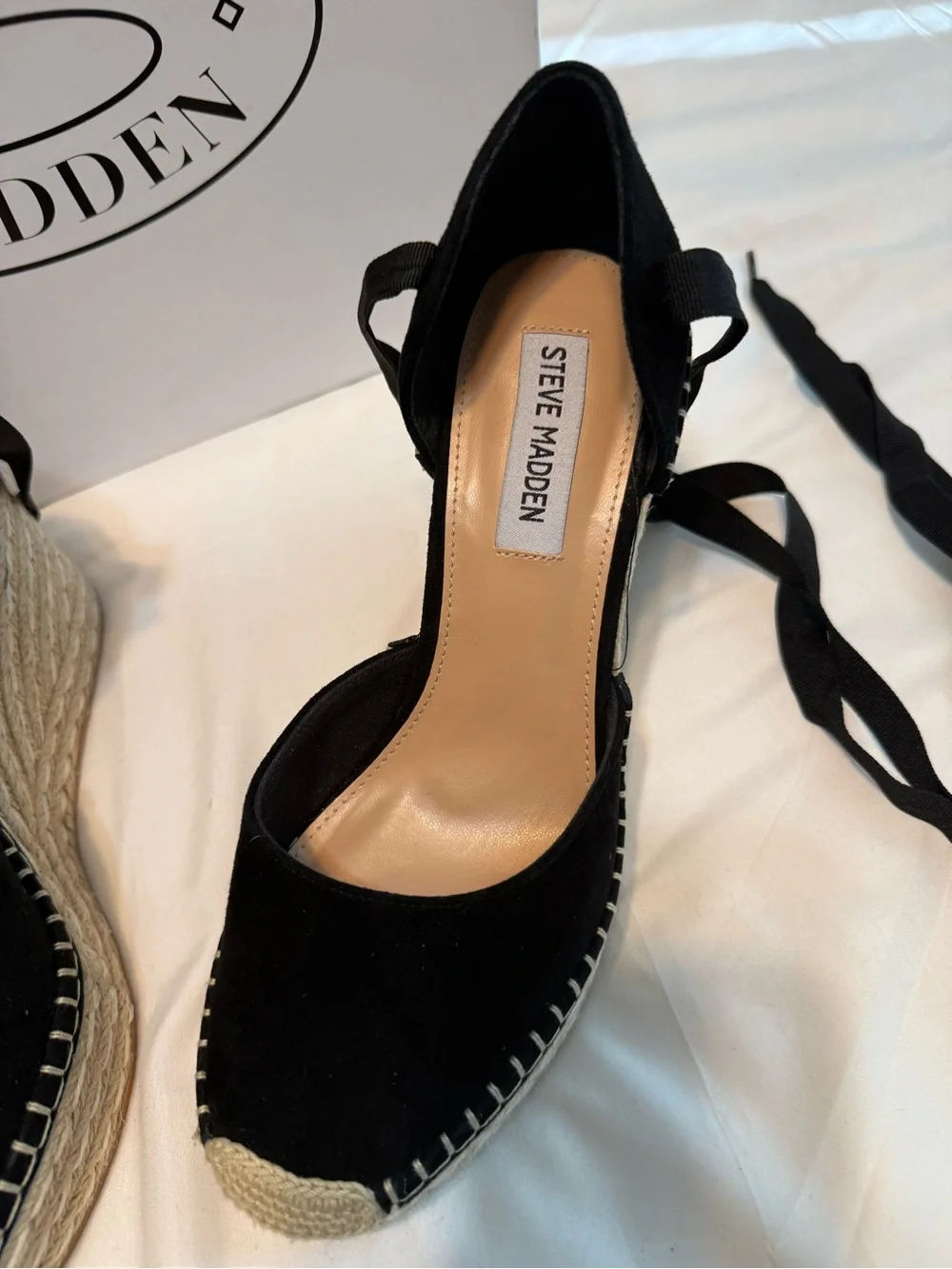 Steve Madden Black Suede Espadrille Wedge Sandals with Ankle Tie